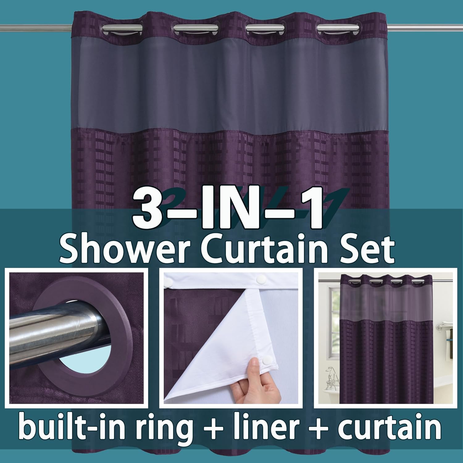 Detalle de Conbo Mio 1 Hotel-Style Shower Curtain, Check-Purple, 71W x 74H