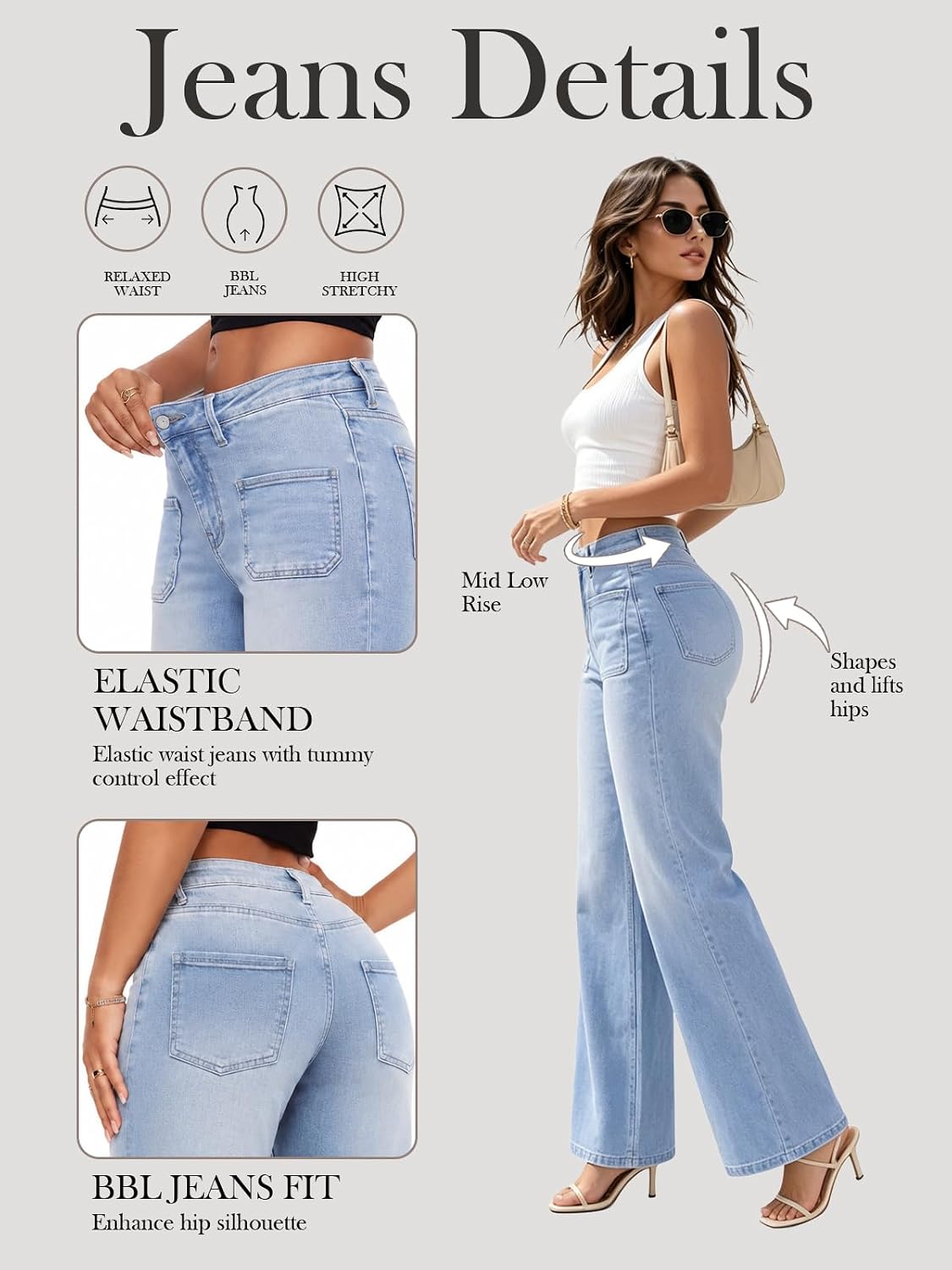 Detalle 1 de ONESO Wide-Leg Jeans for Women, Mid-Low Rise Stretch Denim with Front Patch Pockets