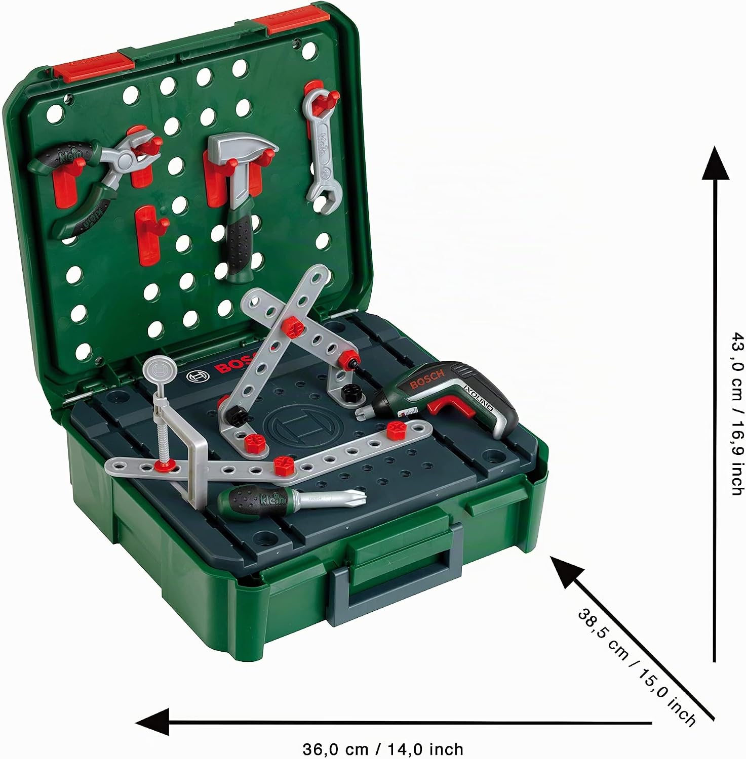Detalle de Theo Klein 8396 Coffret d’établi Bosch + IXOLINO II I pour jeux de construction – Mallette transformable et sets d’outils inclus