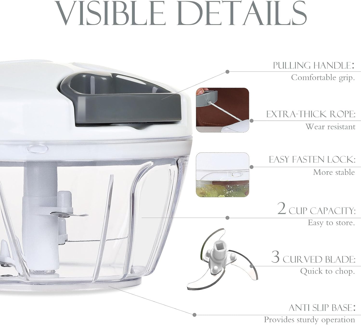 Detalle de Ourokhome A008 Manual Food Chopper, 500ml Pull-String, Stainless Steel Blades