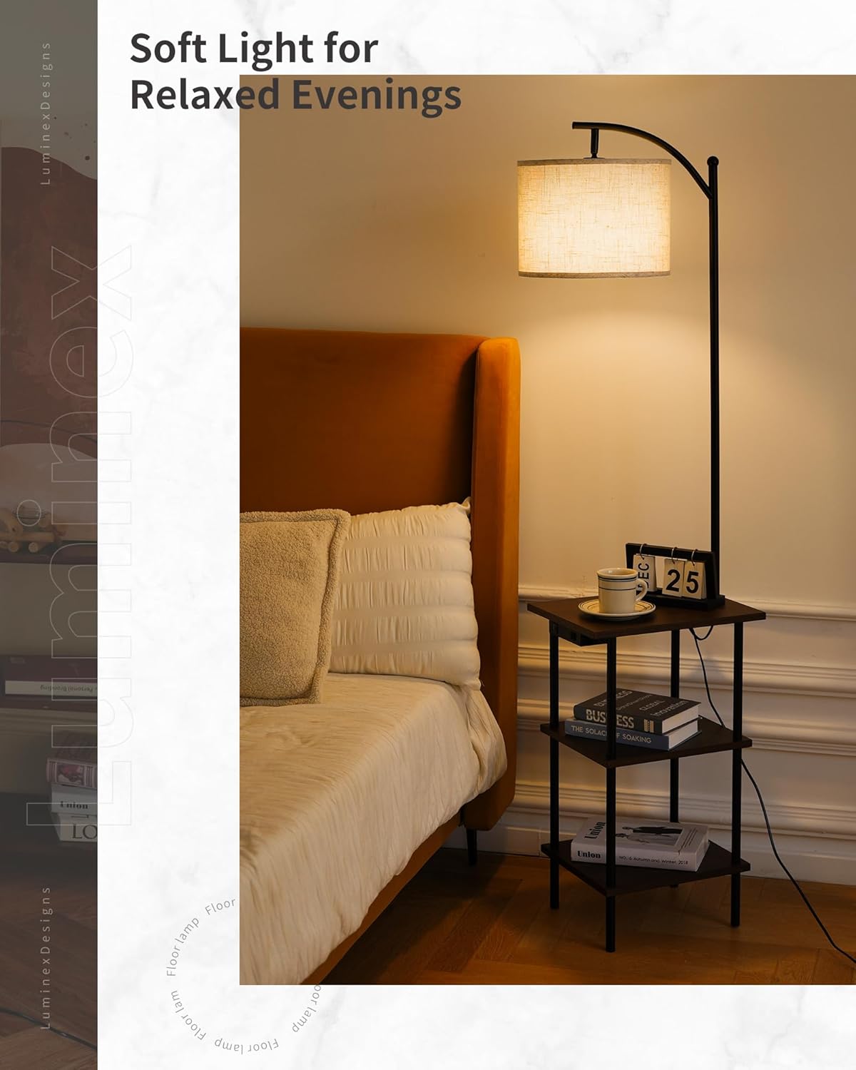 Detalle de LuminexDesigns Vintage Stehlampe mit Regal – Holz, USB/Type-C, 3 Ebenen, E27, Schwarz