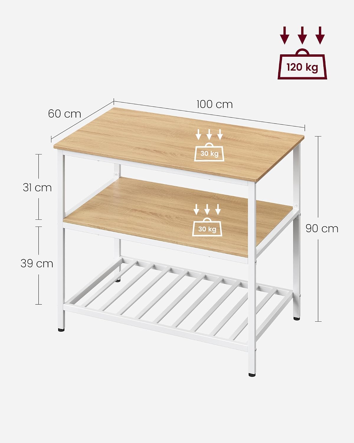 Detalle de VASAGLE Isola da Cucina con ampio piano di lavoro, scaffale a 3 livelli in acciaio 60 x 100 cm - Beige Rovere e Bianco (KKI005W09)