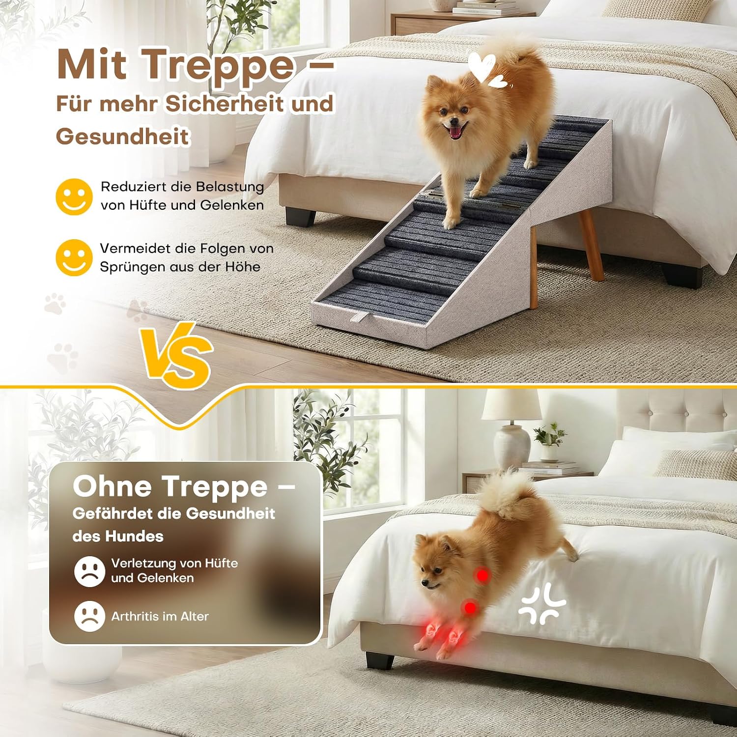 Detalle de Hunderampe für Bett und Couch – 2-in-1 Holztreppe und Ottomane für kleine bis große Hunde (Aprikose, 53,5 cm hoch)