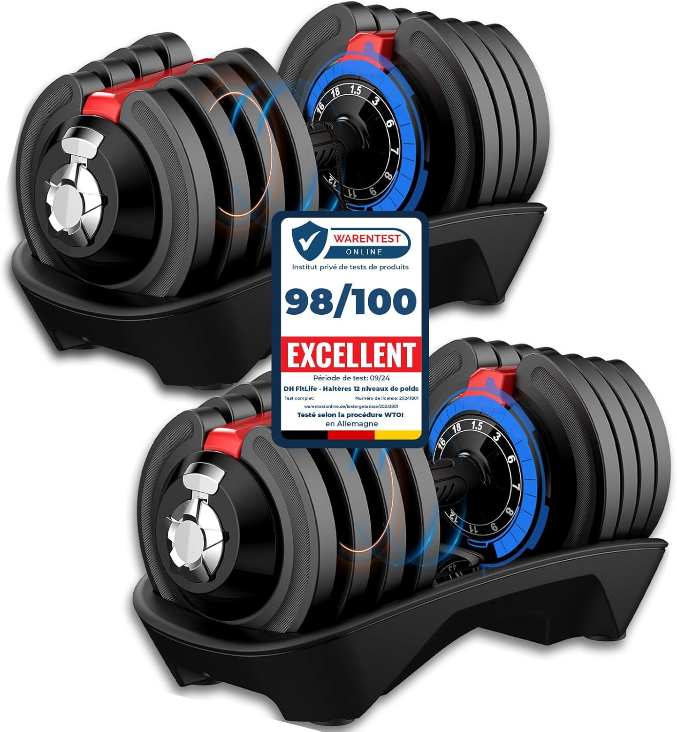 DH FitLife haltère réglable 1,5 à 18 kg avec base de rangement (set 12 niveaux)
