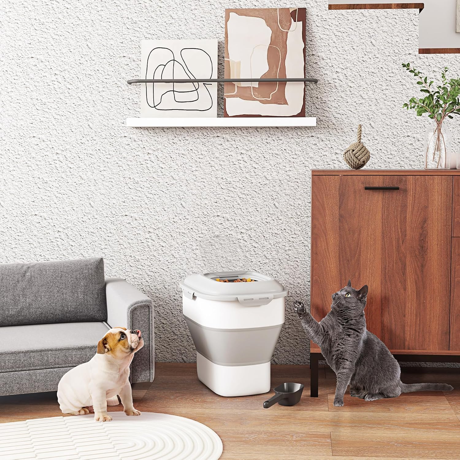 Detalle de PawHut conteneur à croquettes pliable 25L plié 5L, hermétique sur roulettes (gris)