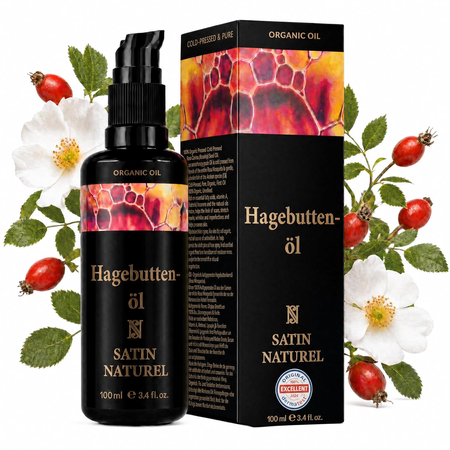 Detalle de Satin Naturel BIO Hagebuttenöl (Rosa Canina), 100 ml – kaltgepresstes Gesichts-, Körper-, Massage- und Haaröl
