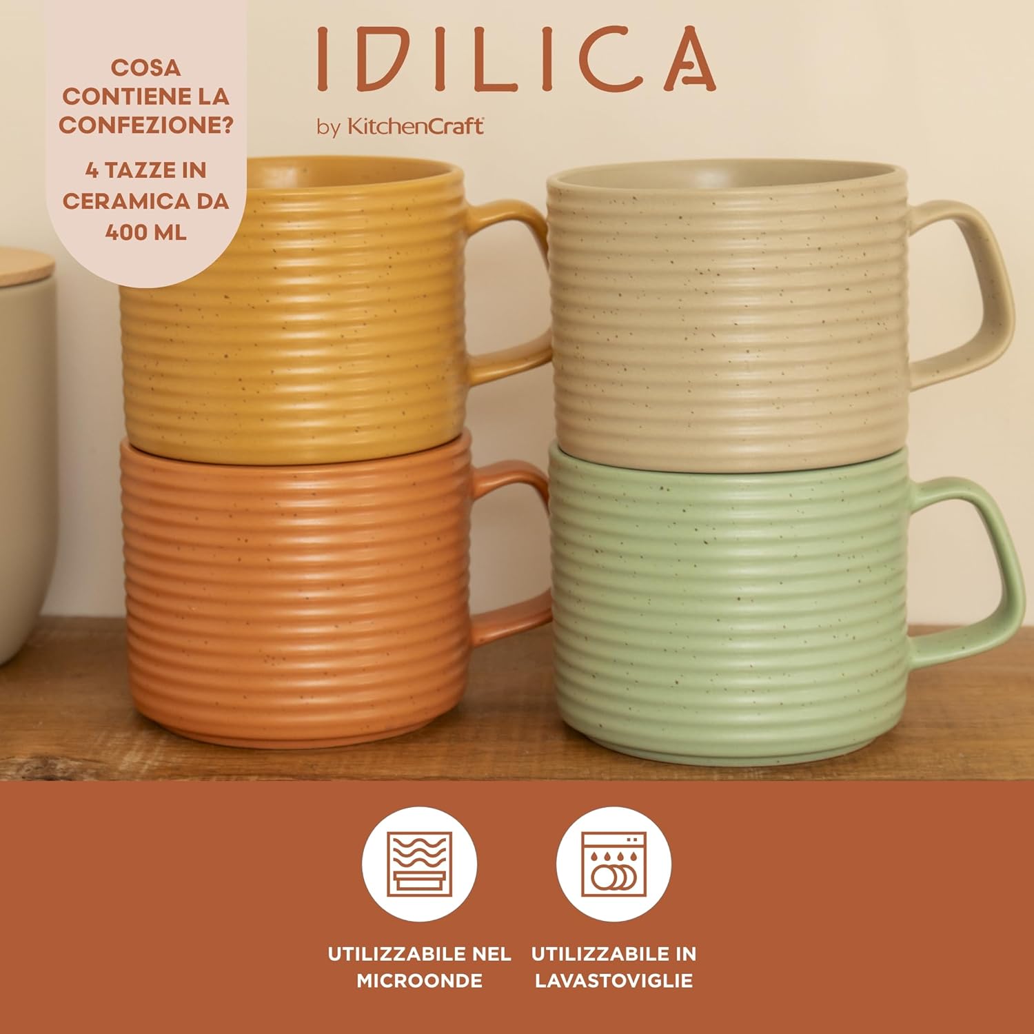 Detalle de KitchenCraft Idilica: set di 4 tazze impilabili in gres, multicolore, 400 ml
