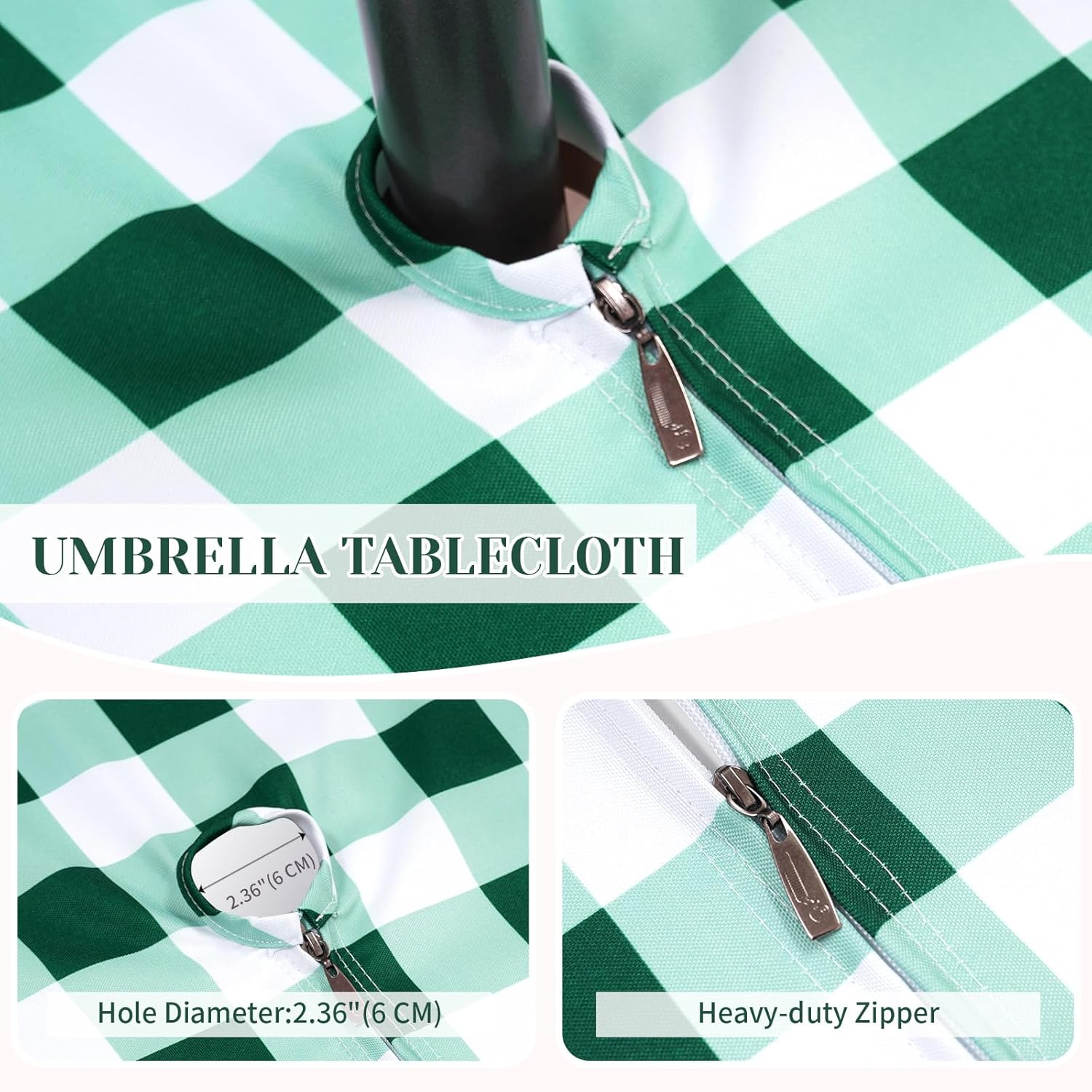 Thumbnail 2 de 3E Home Green Gingham Outdoor Tablecloth with Parasol Hole (70 x 52 inches) – spillproof zip cover
