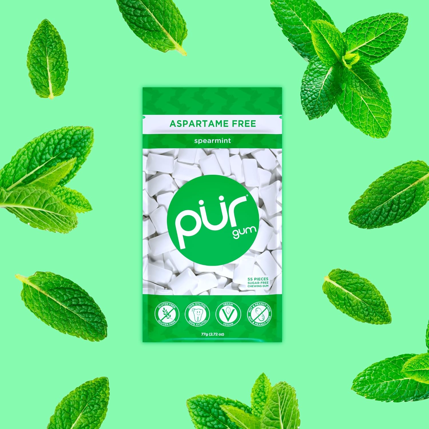 Detalle 2 de PUR Gum Spearmint 😊 Chicle sin azúcar, vegano, 55 piezas (3 paquetes)
