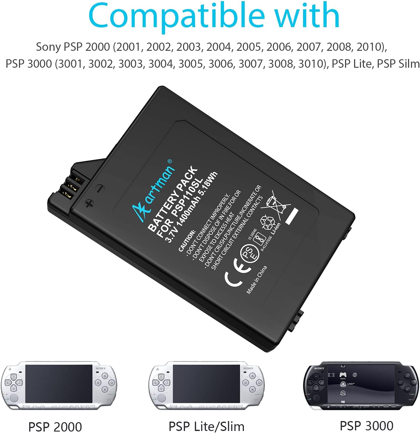 Detalle de Artman PSP-S110 Akku 1400mAh – Ersatzakku kompatibel mit PSP 2000/3000 (PSP Slim & Lite, PSP Brite)