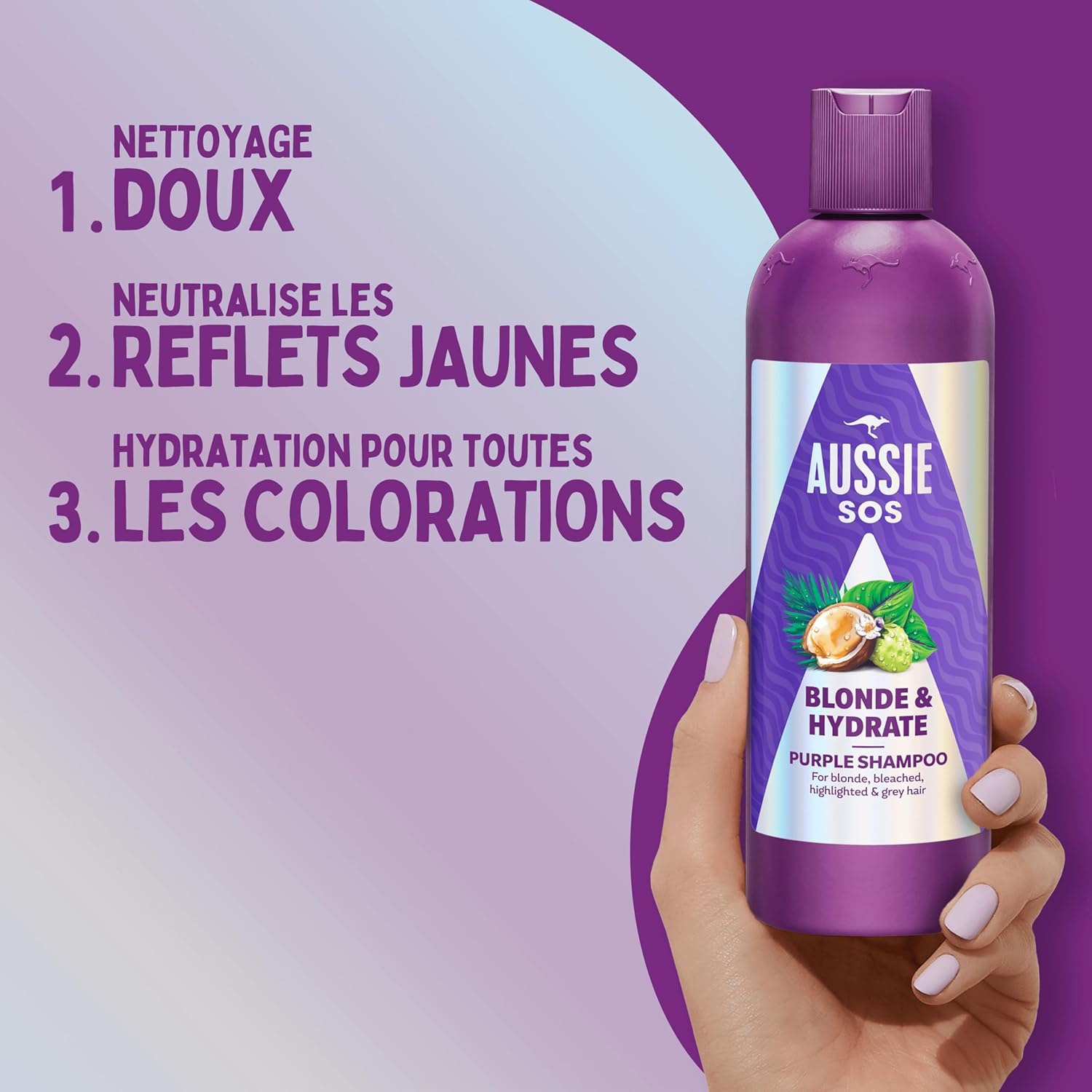 Detalle de Aussie SOS Blonde & Hydrate Shampooing Violet 500 ml – Pour Cheveux Décolorés, Mèches et Gris