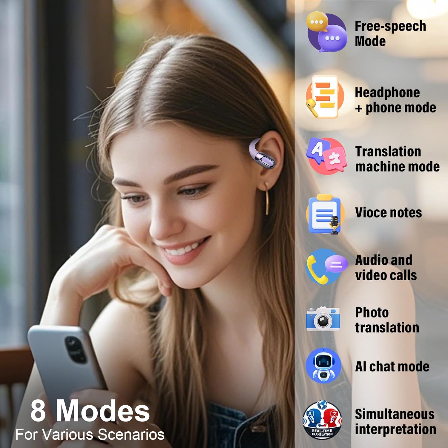 Detalle de KI Übersetzer Kopfhörer 3-in-1: Echtzeit-Übersetzung, ENC und App – Open-Ear, 165 Sprachen