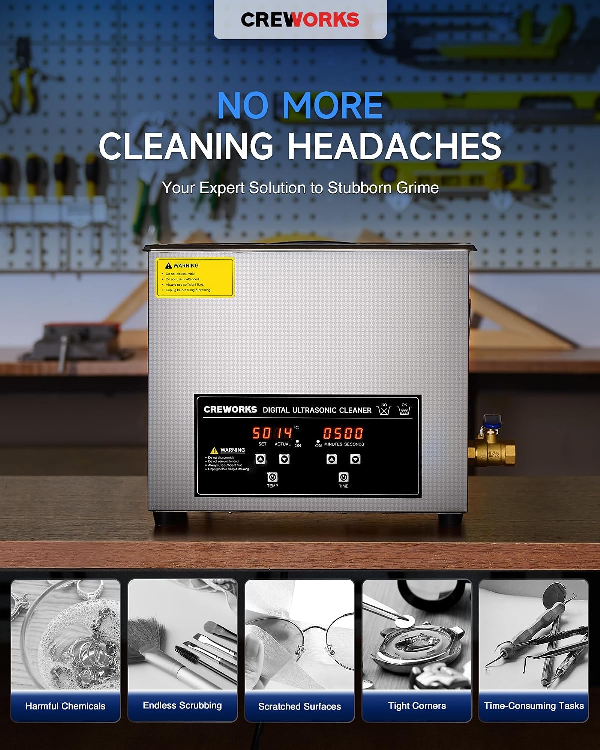 Detalle de CREWORKS DUC-M106 6 L Ultrasonic Cleaner with Heater, Timer and Digital Controls