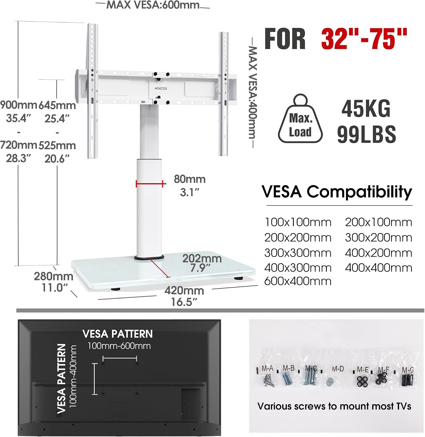Thumbnail 6 de Swivel Universal TV Stand for 32-75 inch TVs with Tilt, 8-Level Height Adjustable Table Top Mount in White
