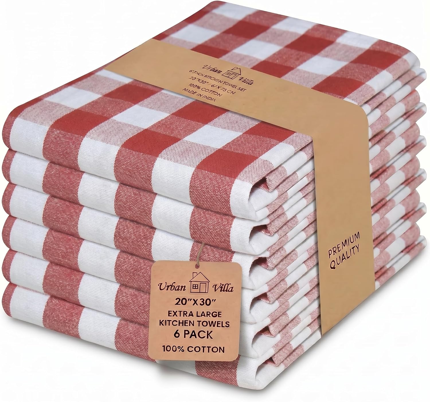 Detalle de Urban Villa Buffalo Checks Rust Kitchen Towels Set of 6 (20x30) — 100% Cotton, Mitered Corners