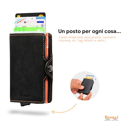 Detalle de Bronzi Portafoglio Uomo Slim Piccolo con protezione RFID – Porta Carte e Portamonete in similpelle, confezione regalo arancione