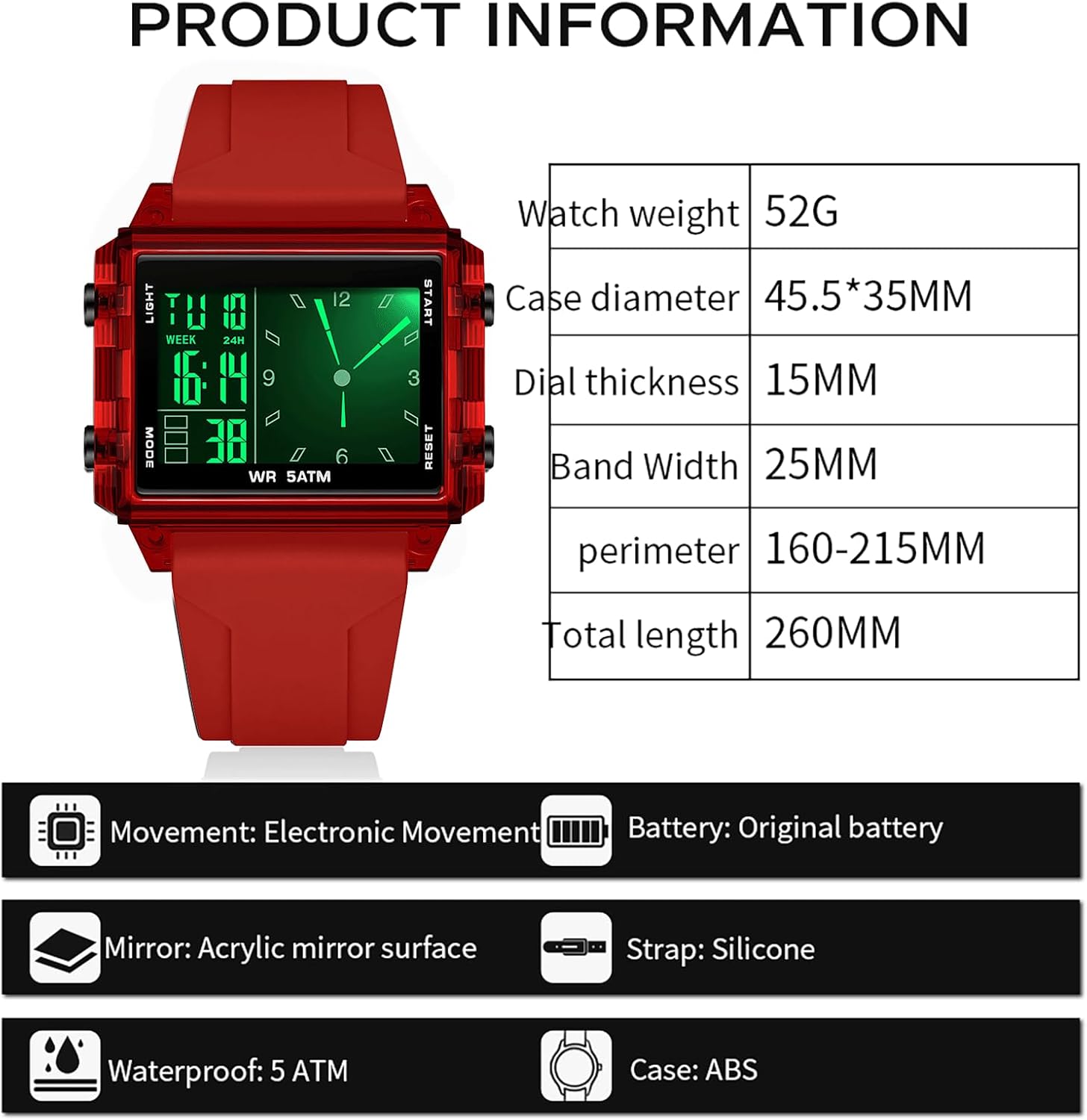 Thumbnail 6 de findtime Rechteckige Armbanduhr Sportuhr – Hybrid aus Digital- und Analoganzeige mit Silikonarmband