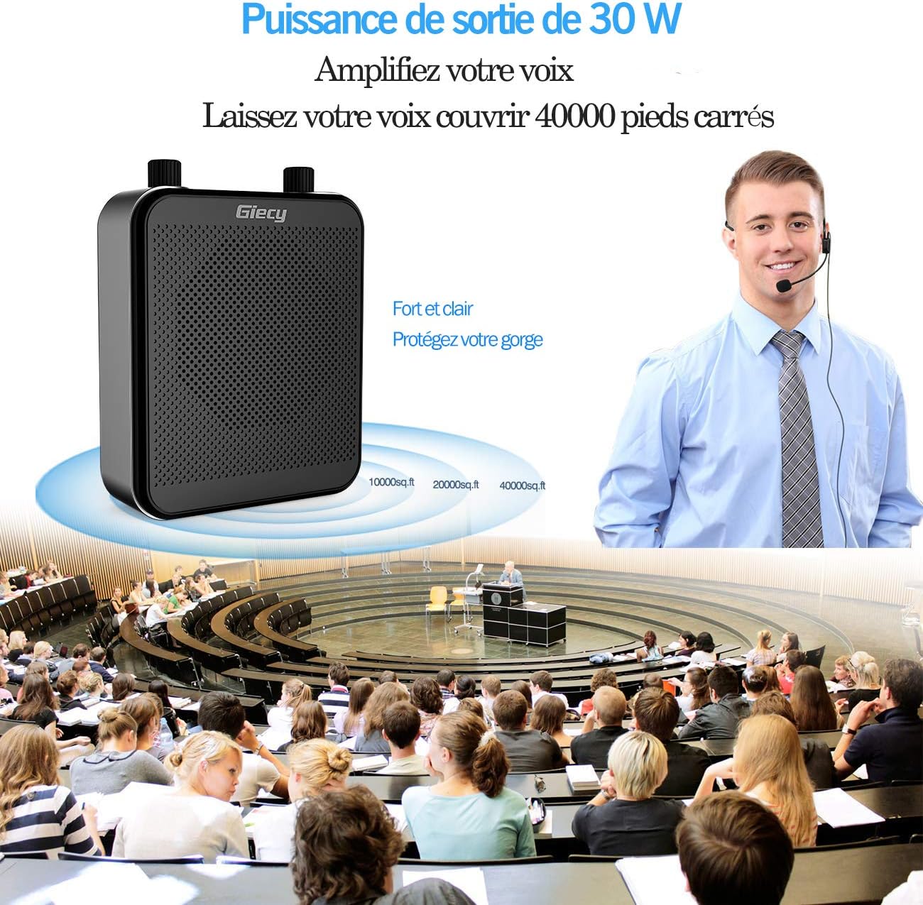Detalle de Amplificateur de voix portable Giecy avec micro casque 30W, batterie rechargeable 2800 mAh