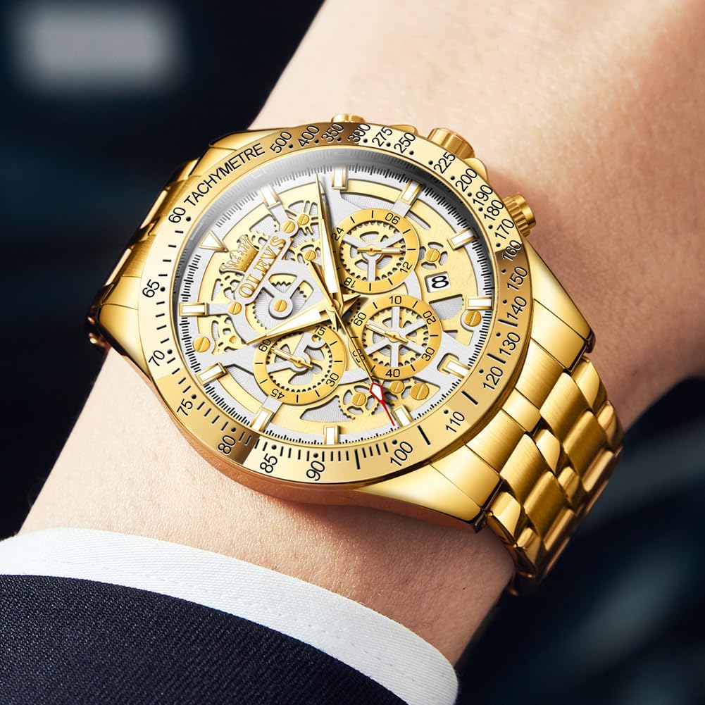 Detalle de OLEVS Herren Skeleton Quarz Business-Uhr mit Edelstahlband, 3ATM wasserdicht – skeleton Look
