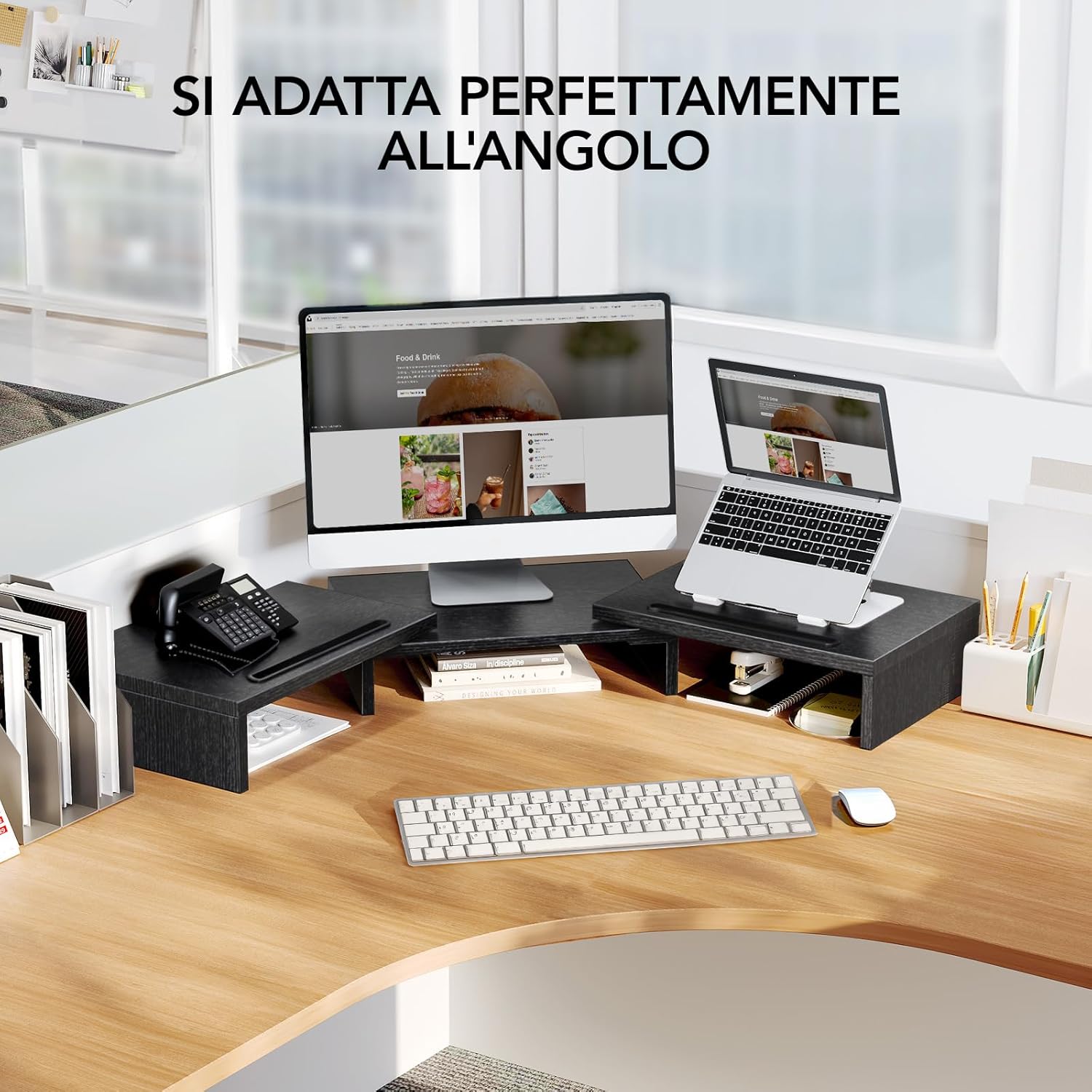 Detalle de HUANUO Supporto Monitor Scrivania Doppio – Rialzo regolabile per 2 monitor, con scomparti multipli