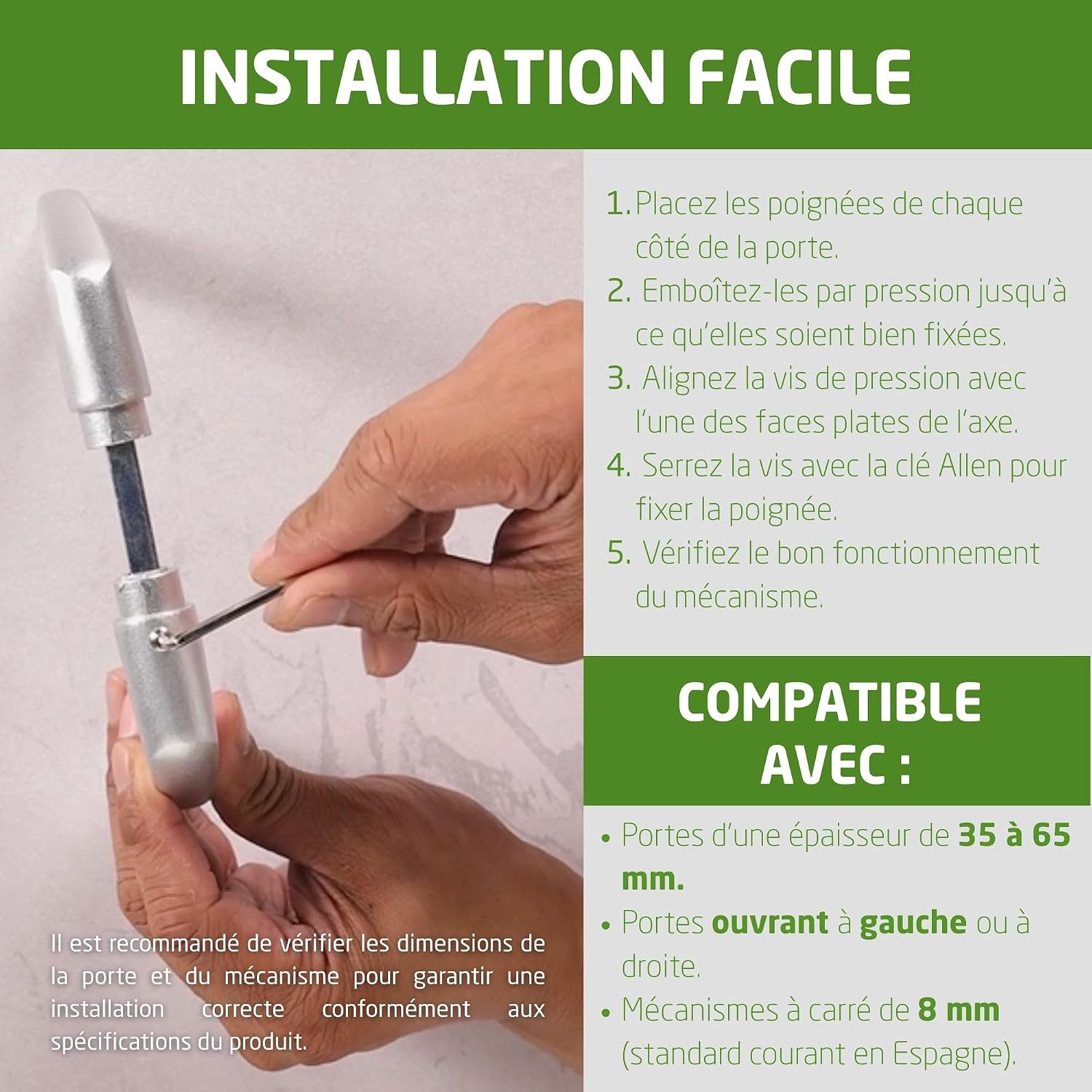 Thumbnail 6 de Amig – Set de poignées sans rosace en aluminium finition argentée mate, 130 x 61 mm, carré 8 mm, pour portes 35–65 mm (Mod. 2113)