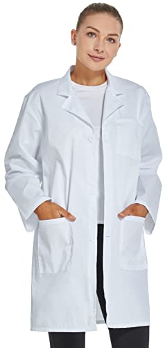 Detalle 2 de VOGRYE Women's Medical Lab Coat — Three Pocket, Long Sleeve, Button Front in White