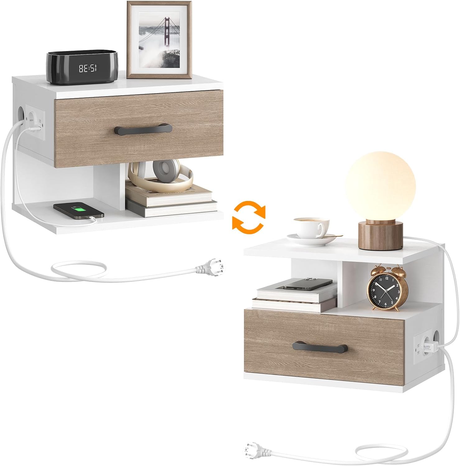 Detalle de HOOBRO Set di 2 Comodini Sospesi da Parete con Stazione di Ricarica (EWG127CBZP201) – Bianco e Grigio Anticato
