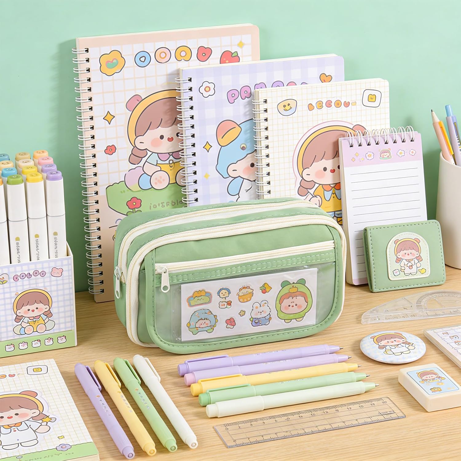 Detalle de hoinya Pencil Case, Large Capacity 8-Compartment Green Pencil Case for School & Office