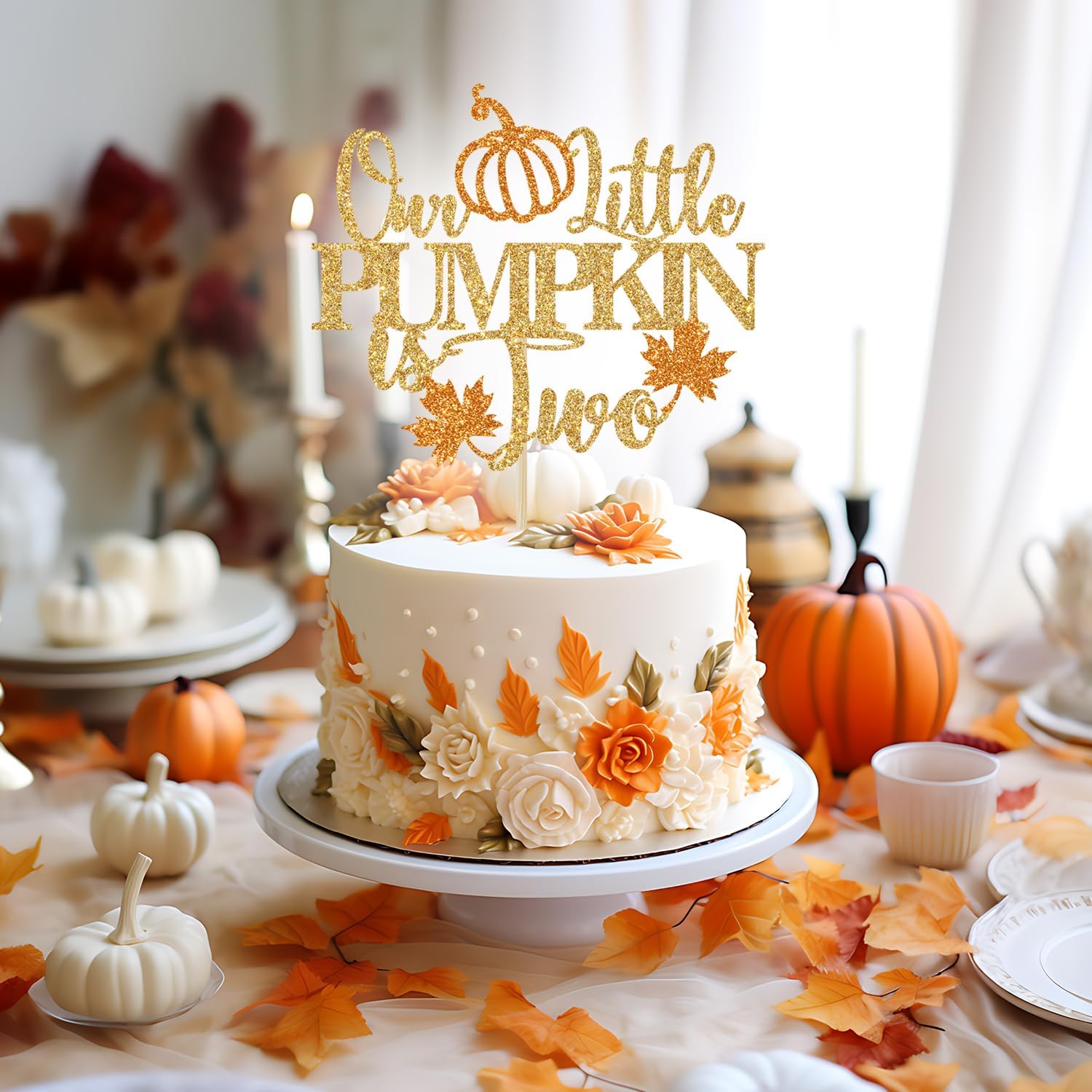 Detalle 2 de Yotawebery Our Little Pumpkin Is Two Cake Topper, Gold Glitter, 18 x 12cm