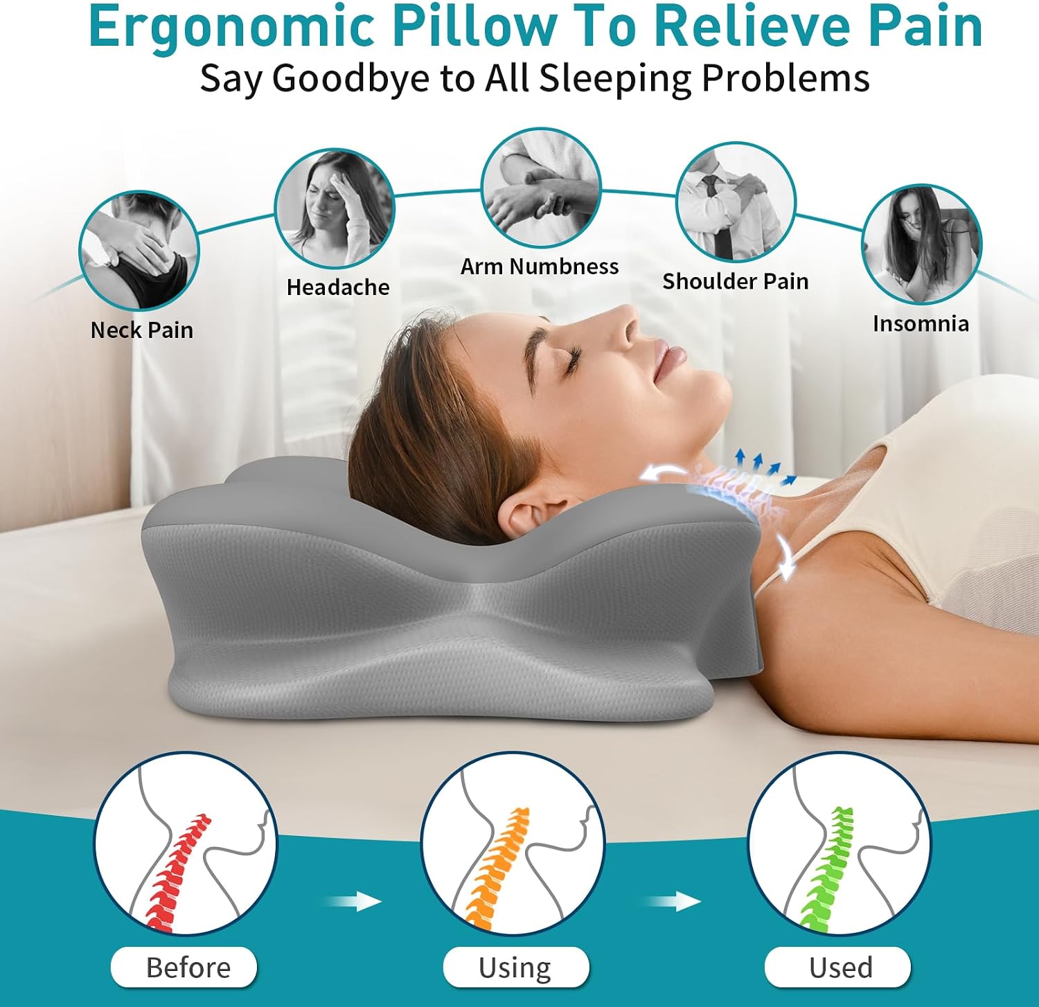Thumbnail 2 de Besyodo Cervical Pillow for Neck Pain Relief — Ergonomic Memory Foam Contour Pillow (Grey/White)