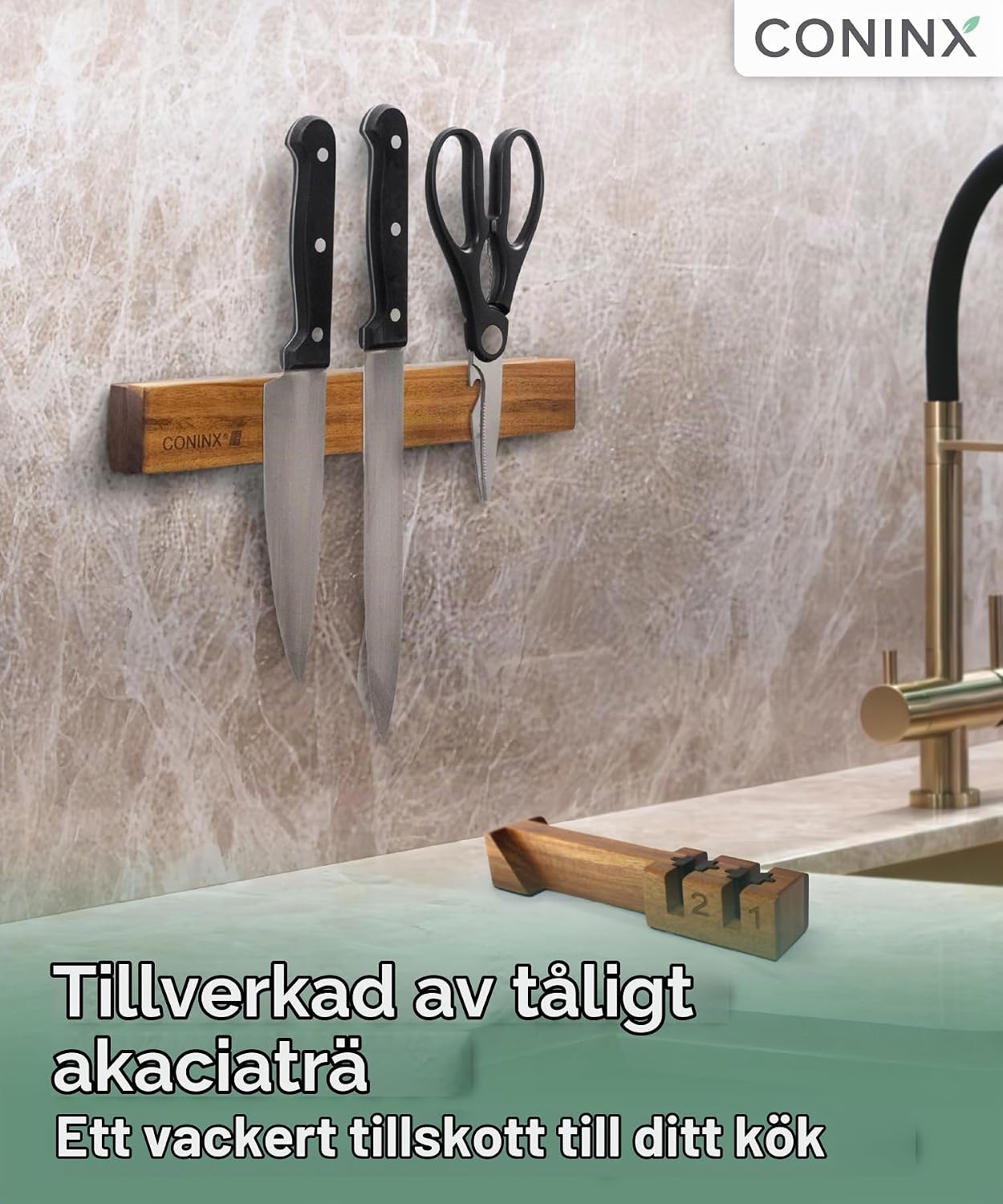 Detalle 2 de Coninx Barres-Couteaux magnetisk knivlist 48 cm i akaciaträ med knivslip