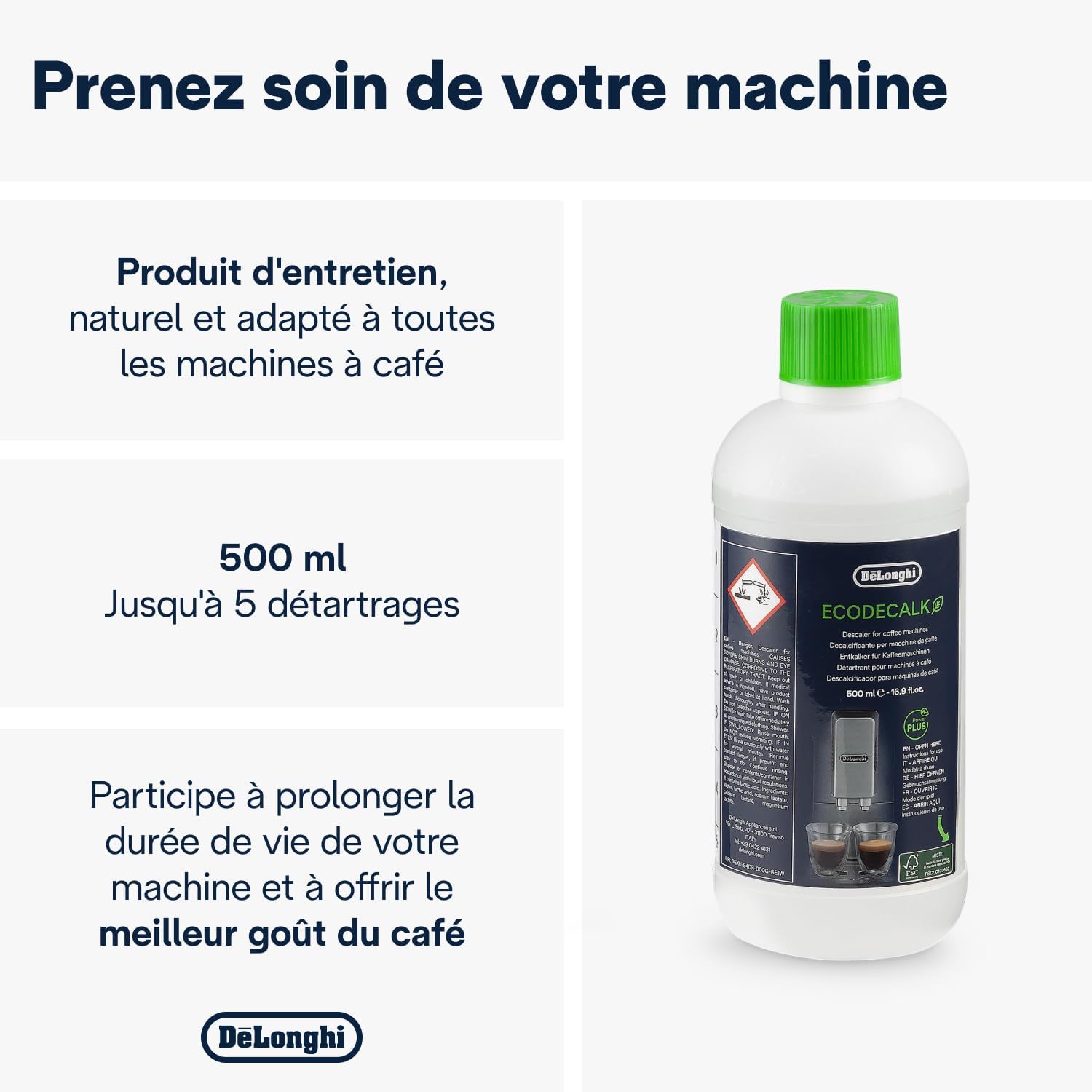 Thumbnail 1 de De'Longhi EcoDecalk Détartrant DLSC500 – 5 doses, 500 ml: entretien écologique pour votre machine à café