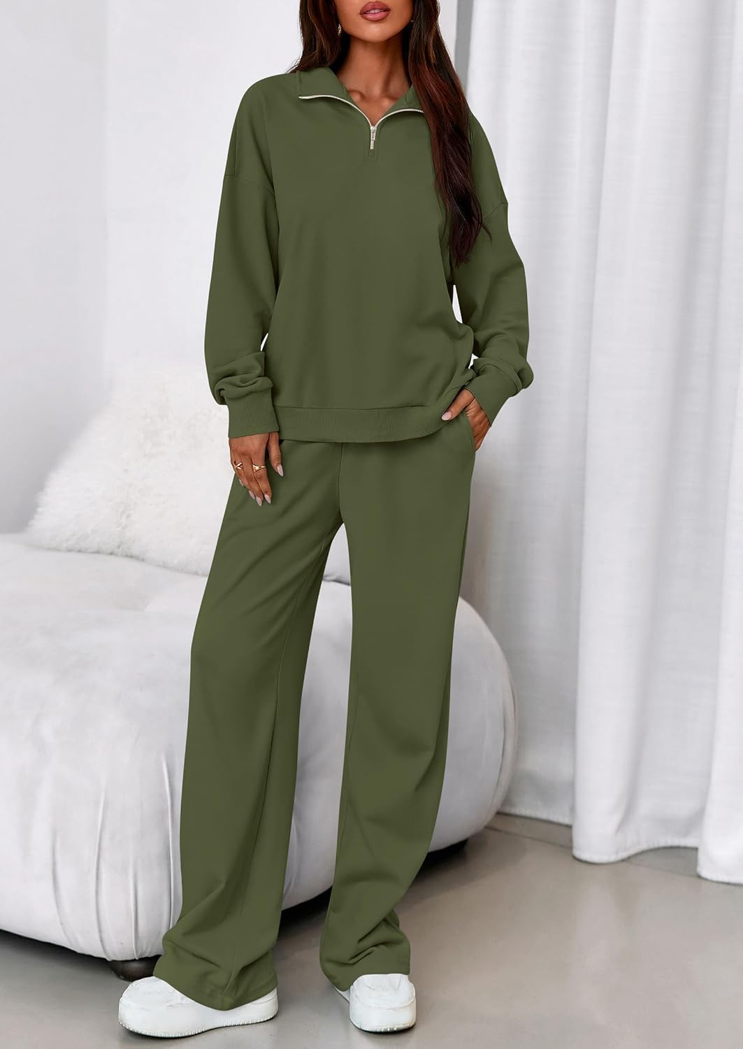 Detalle 2 de PRETTYGARDEN Women's Sweat Set with Quarter-Zip Sweatshirt