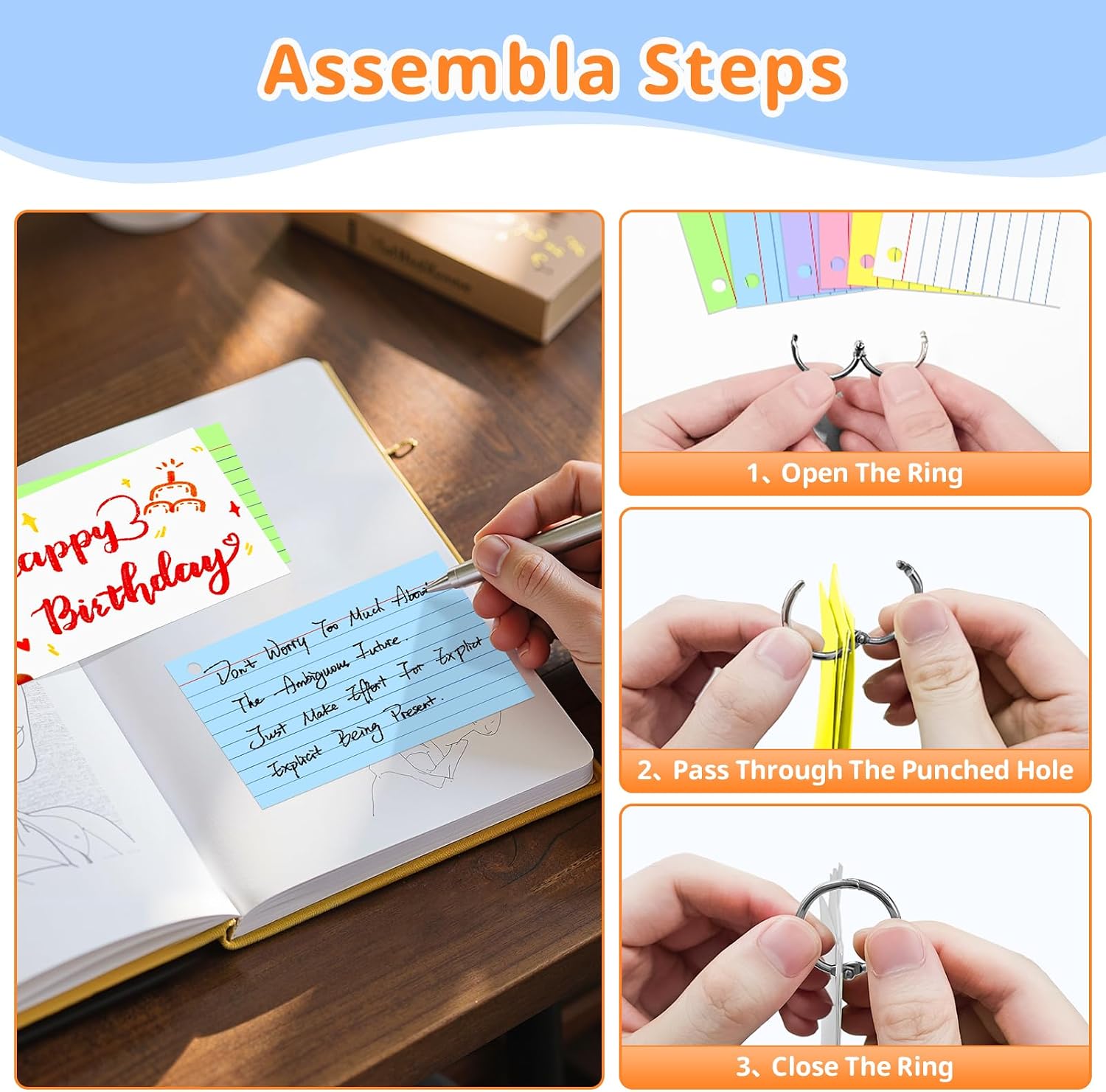 Thumbnail 5 de Glyanlee 3x5 Index Cards with Rings, 6 Colors, Ruled Front and Blank Back