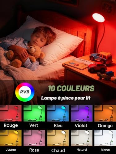 Detalle 2 de Lampe de Bureau à Pince ReinHoo 72 LED RGB – 10 teintes + 10 niveaux, USB