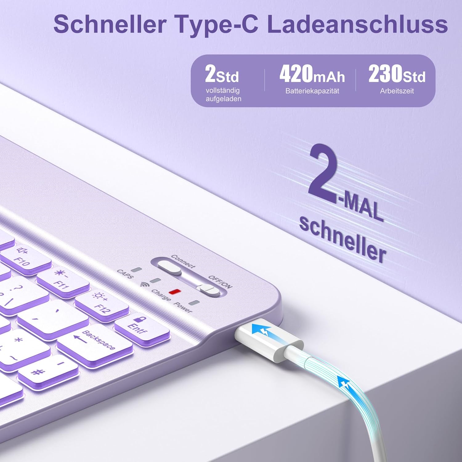 Thumbnail 2 de Vobafe Tastatur-Hülle für iPad A16 (11/10.9 Zoll) mit abnehmbarer Magnet-Tastatur & beleuchteten Tasten – Lavendel