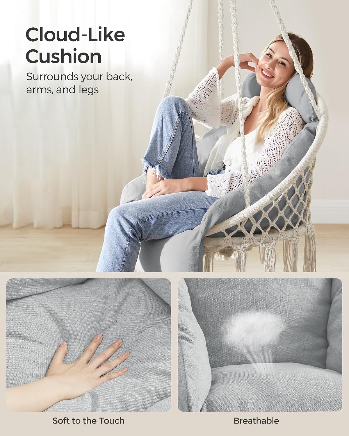 Detalle de SONGMICS UGDC042G01 Hanging Chair with Thick Cushion, Cotton and Metal