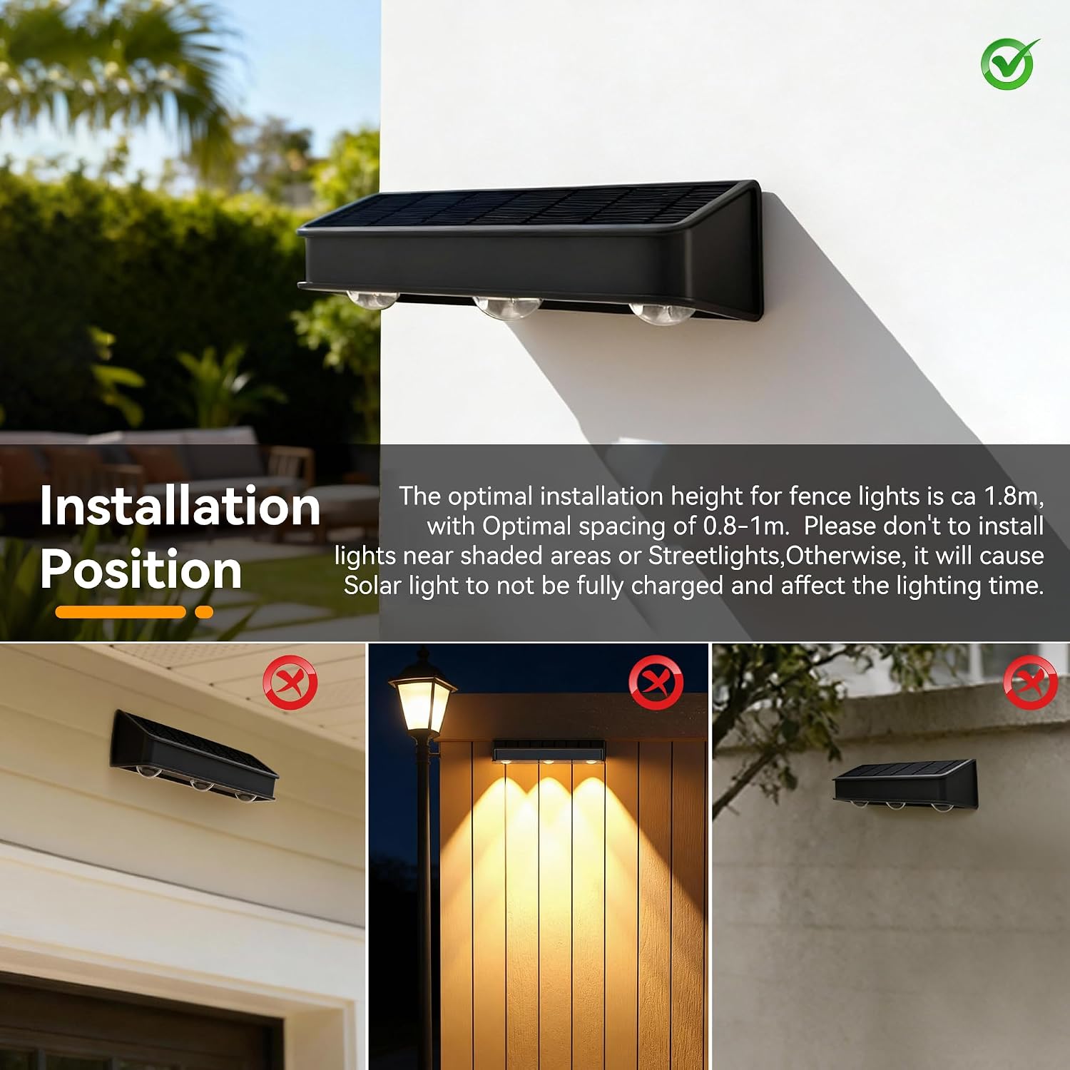 Detalle de sununiny Solar Fence Lights Outdoor (4 Pack) – triple-lens LED wall lights with 3 colour modes