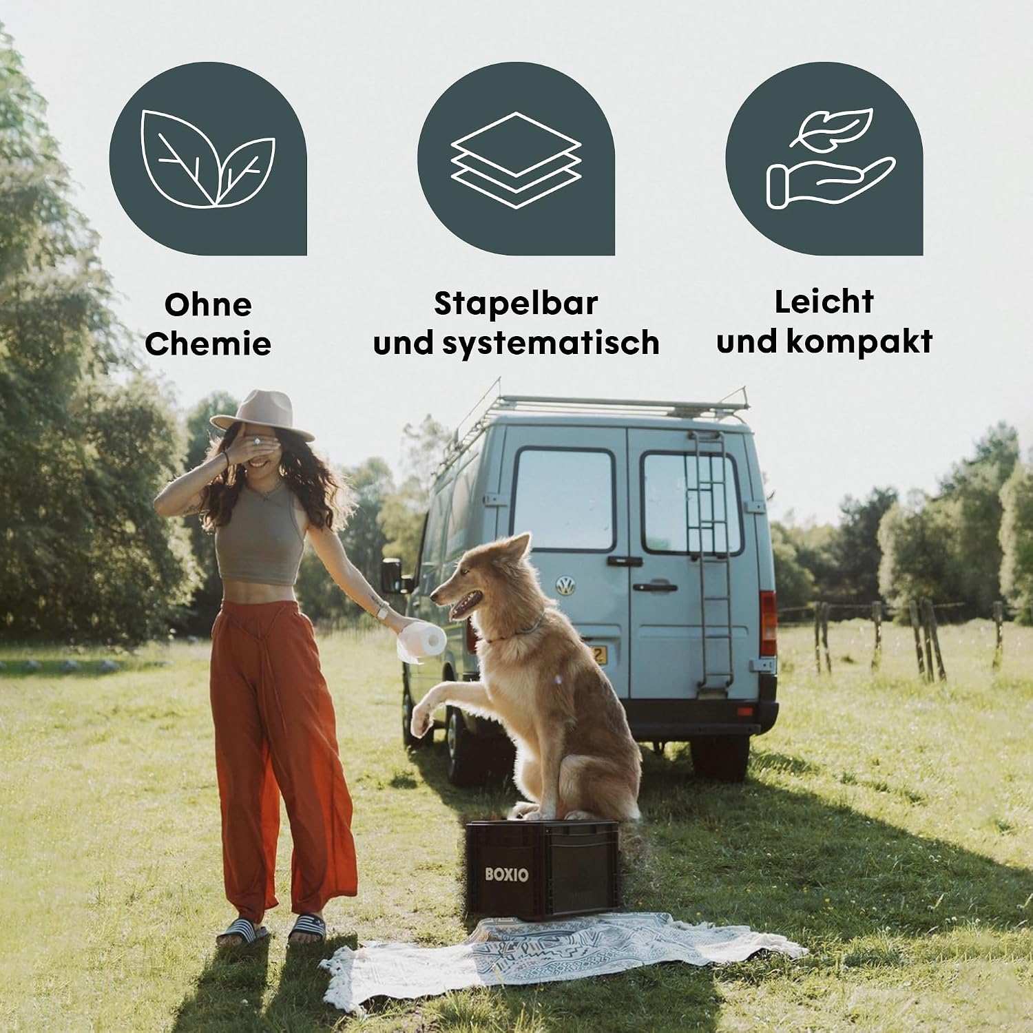 Detalle 2 de BOXIO Toilet Max+ Komplettset – Chemiefreie Trenntoilette auf Eurobox-Basis für Camping, Van und Outdoor