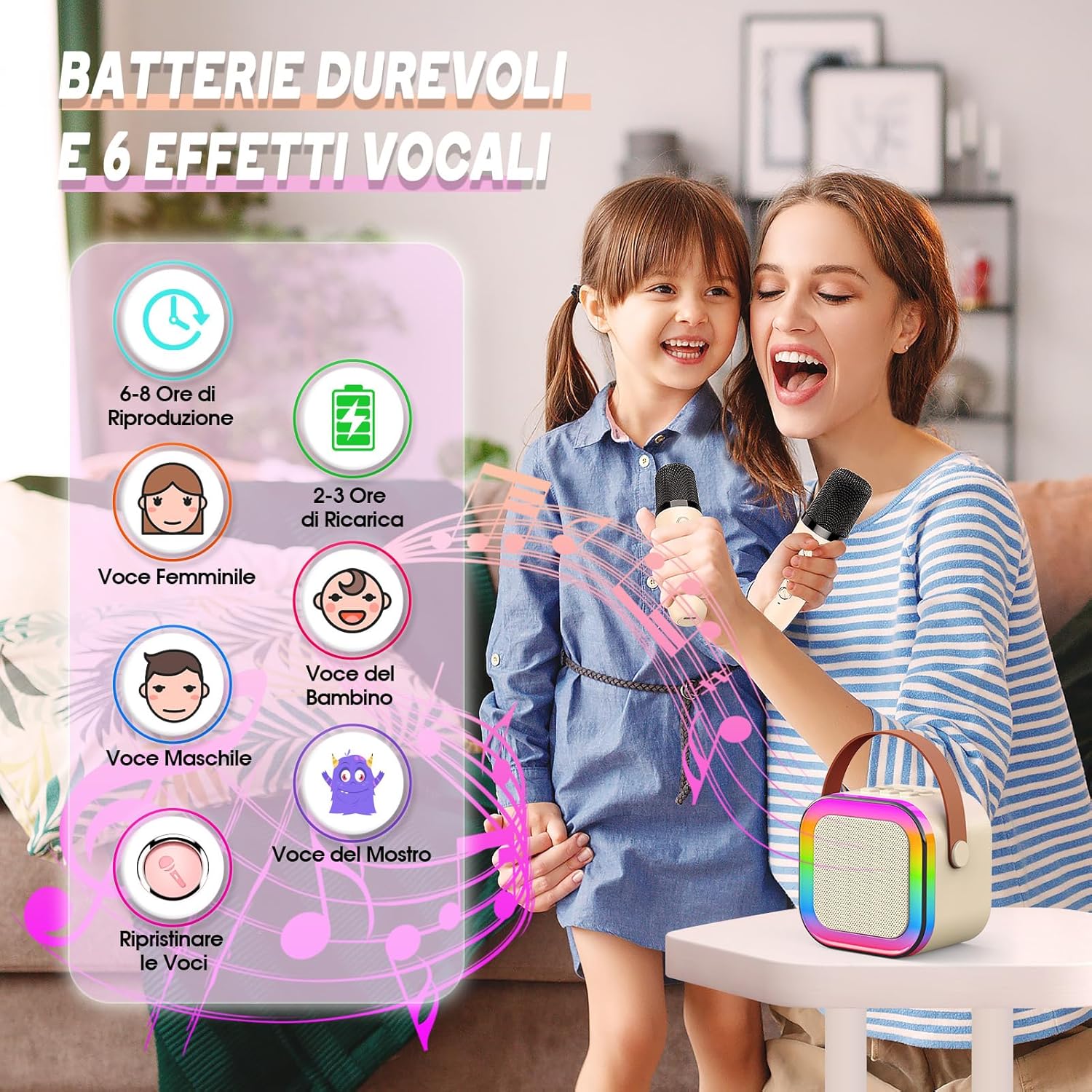 Detalle 2 de Dislocati Regalo Bambina 3-12 Anni: Karaoke Bluetooth Compatto con Luci e Voci Magiche