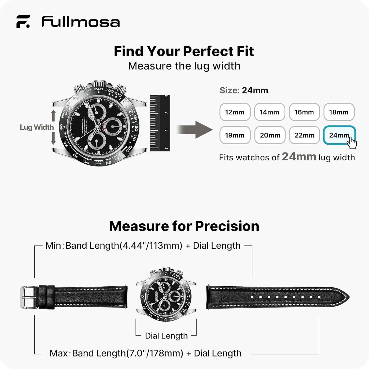 Detalle de Fullmosa Cinturino 24mm in Pelle – Cinturino di ricambio per orologi e smartwatch con sgancio rapido, nero