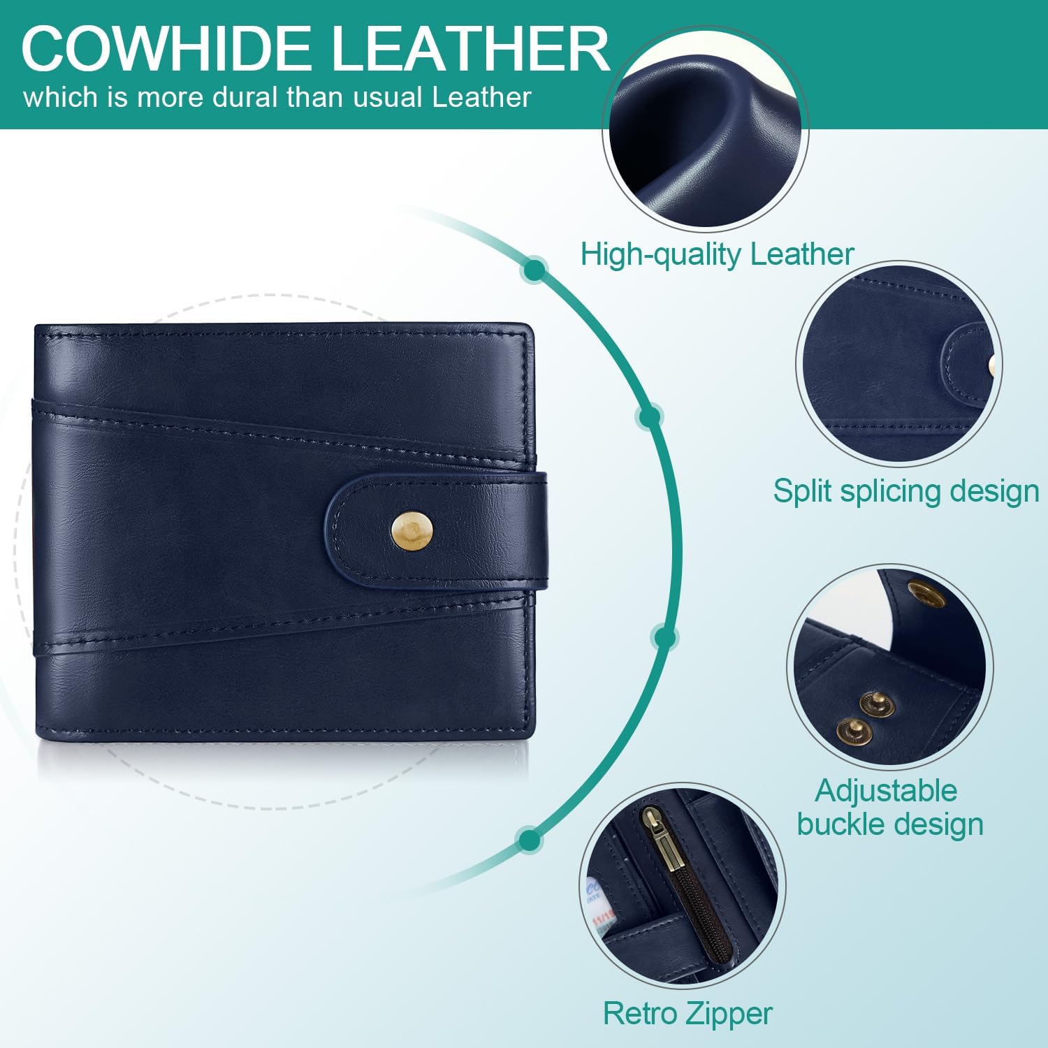 Thumbnail 2 de GSG SINCE 1998 Cowhide Leather Wallet with RFID Blocking, 17 Card Slots & Coin Pocket (Navy Blue)