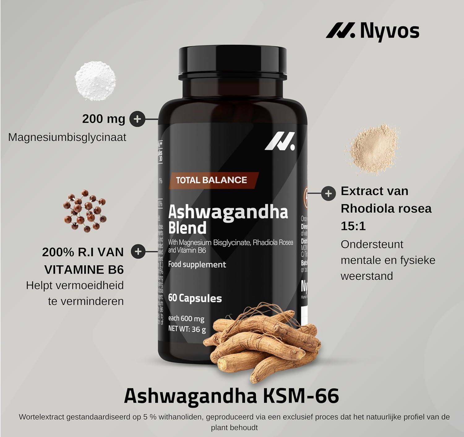 Detalle 2 de Nyvos Ashwagandha KSM-66 Blend met Rhodiola, magnesium en vitamine B6, 60 vegan capsules