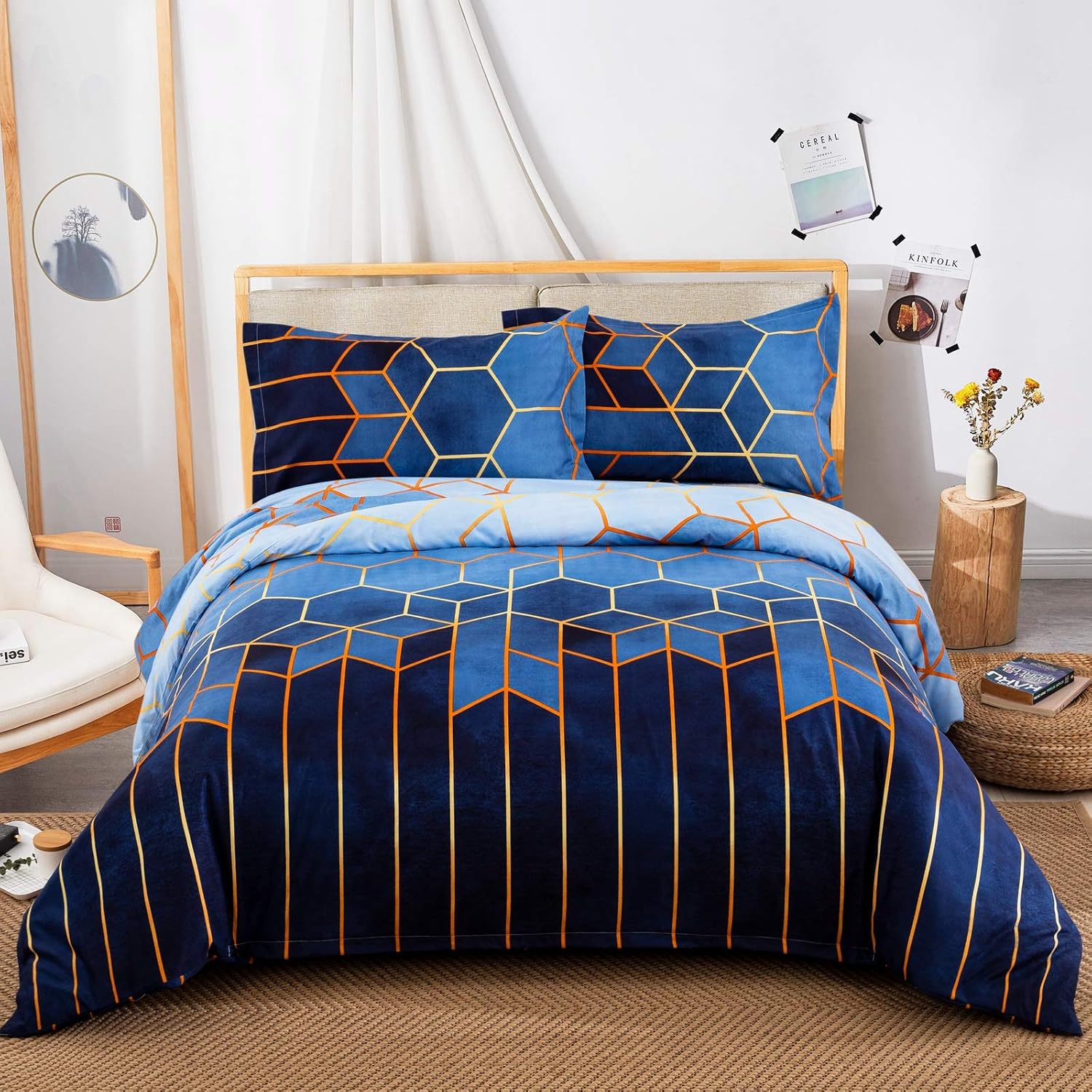 Detalle de DJY King Size Reversible Duvet Cover Set (220x230cm) – Blue Geometric Diamond & Golden Stripes