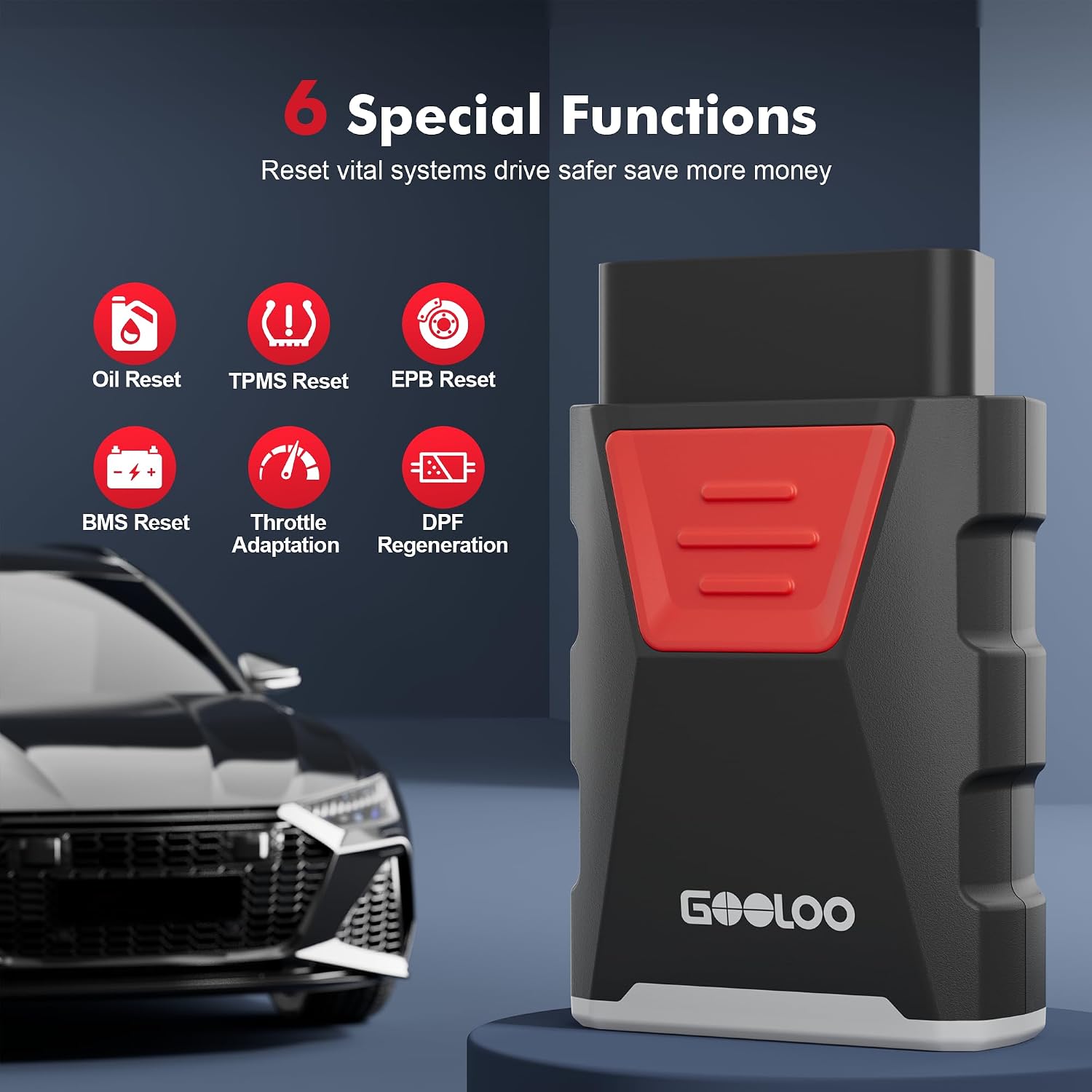 Detalle de GOOLOO DEEPSCAN DS100 OBD2 Bluetooth scanner for full-system diagnostics with AutoVIN, resets and HUD display