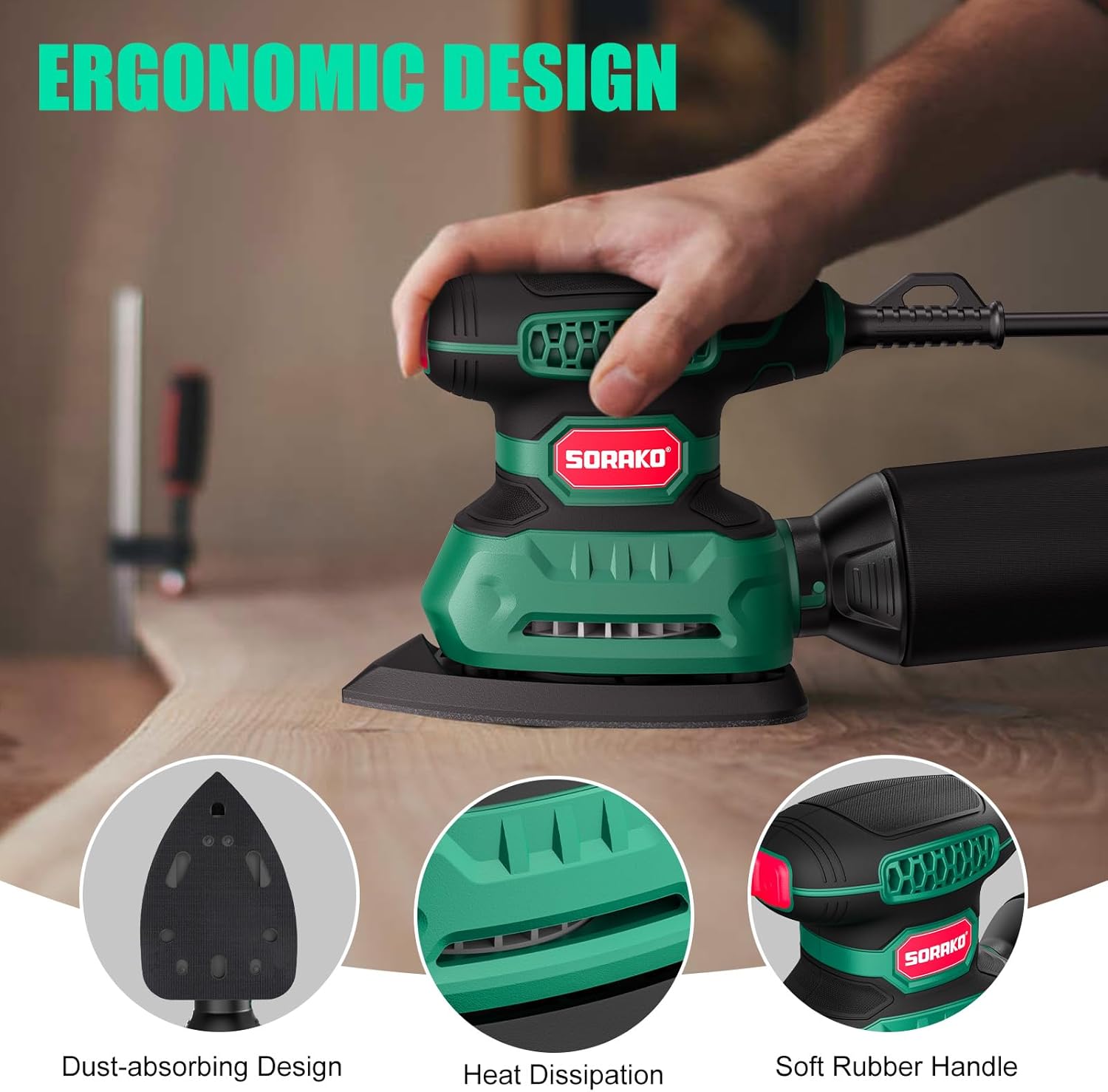 Detalle de SORAKO Electric Sander (220W, 14000 OPM) with Dust Collector and 16 Sandpapers