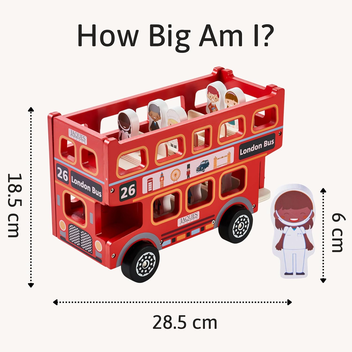 Thumbnail 1 de Jaques of London red double decker bus toy for 2 year olds (wooden wheels-on-the-bus style)
