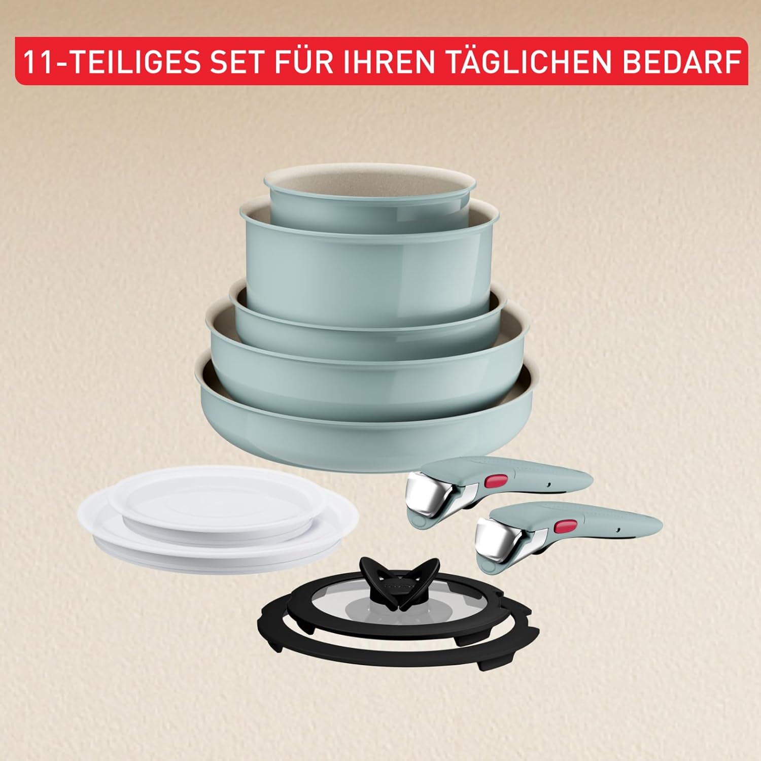 Thumbnail 6 de Tefal Ingenio Serenity Kochgeschirr-Set 11-teilig (stapelbar, abnehmbarer Griff) – Mineralia Antihaft, für alle Herdarten inkl. Induktion