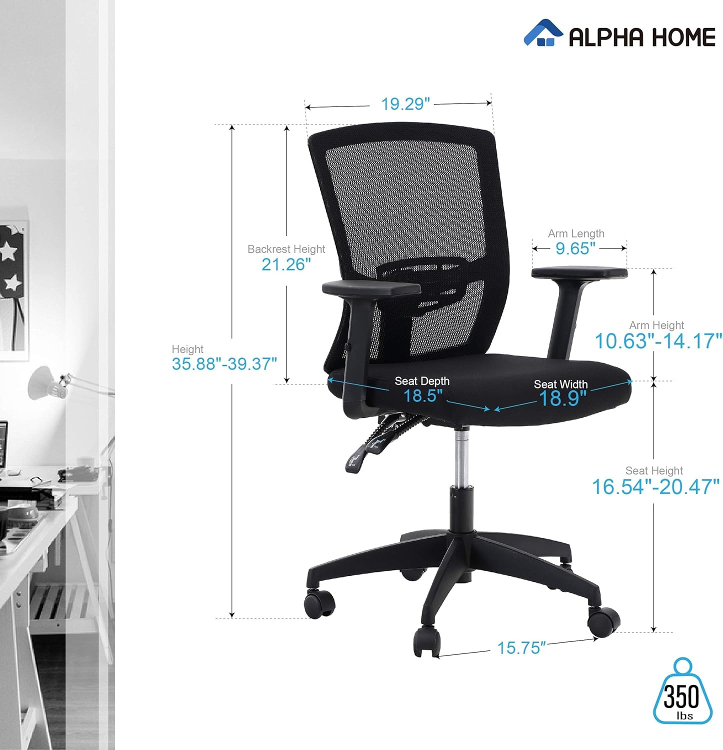 Detalle de ALPHA HOME Silla de oficina ergonómica 🪑 - Soporte lumbar ajustable