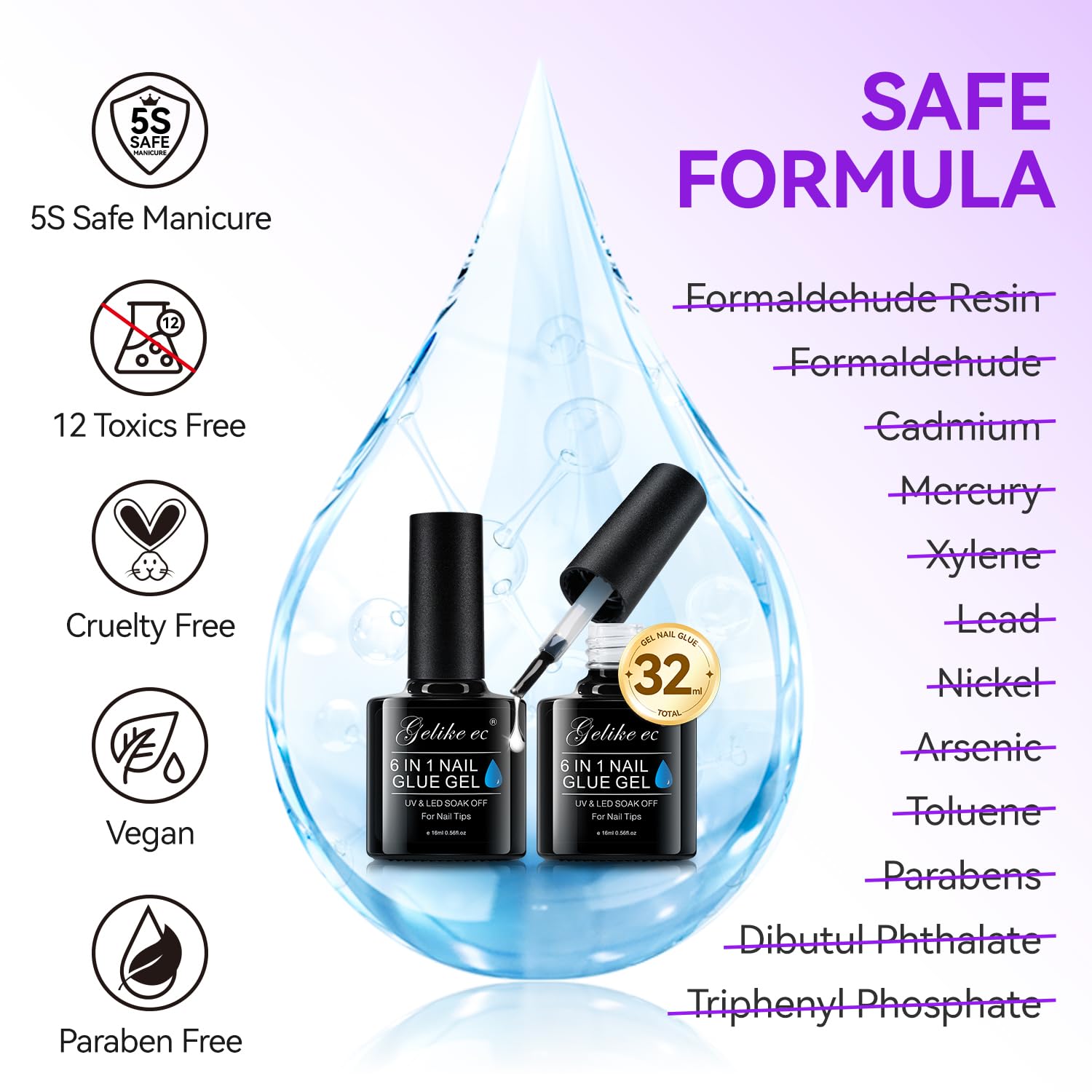 Detalle 2 de gelike ec Nail Glue Extra Strong Duo (6-in-1) – Nagelkleber für Kunstnägel, Tips & Press-on, UV-gehärtet, 32 ml